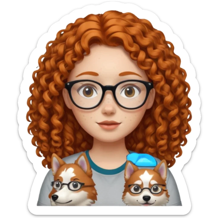 make a ginger girl with freckles and glasess. make her hair curly and she has a husky on her shirt sticker