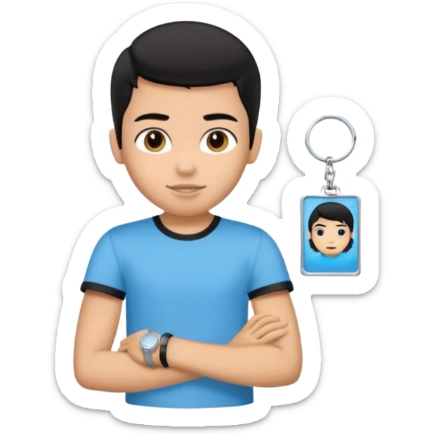 driving license with the photo of ipretty bratz emoji of a boy with a black tee, silver- blue bracelet, black hair sticker