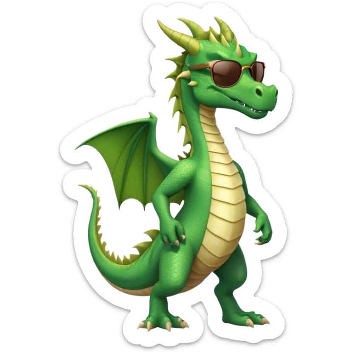 friendly anthropomorphised green dragon in a sports t-shirt and jeans wearing dark sunglasses walking upright sticker