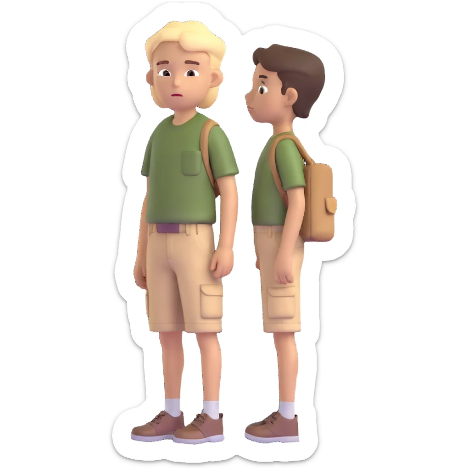 boy wearing an olive-green shirt over a brown T-shirt with beige cargo shorts sticker