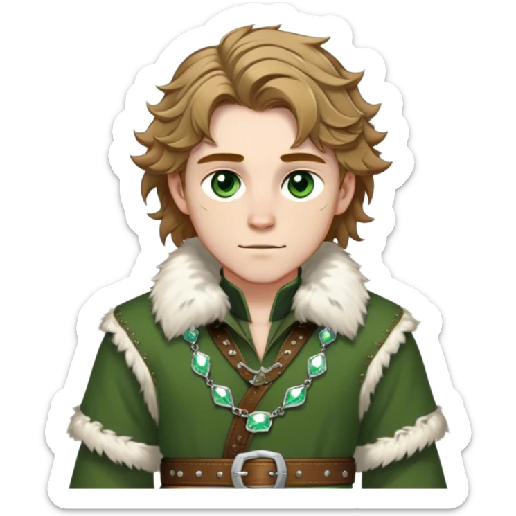 Medieval winter outfit worn by a DnD themed fantasy male character. Heavy olive green wool tunic with lynx fur collar, secured with ornate silver fastenings and a thick embossed leather belt. Clothes only above the waist, full waist coverage. The character has no arms. Character is white-skinned with golden brown hair, forest green eyes, and shoulder-length wavy hair with ice-crystal highlights. sticker
