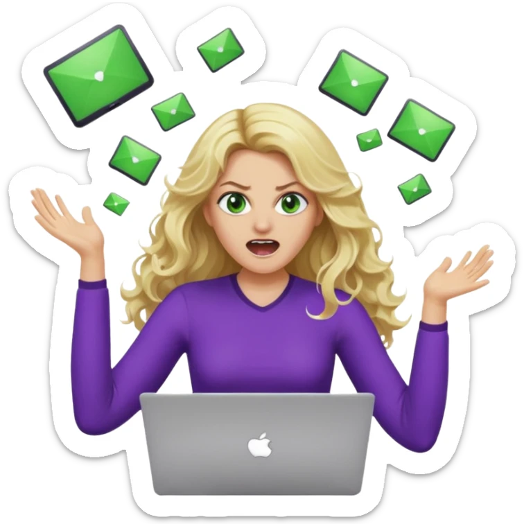 lady with long blonde wavy hair, purple top, green eyes throwing her with a laptop hands in the air screaming sticker