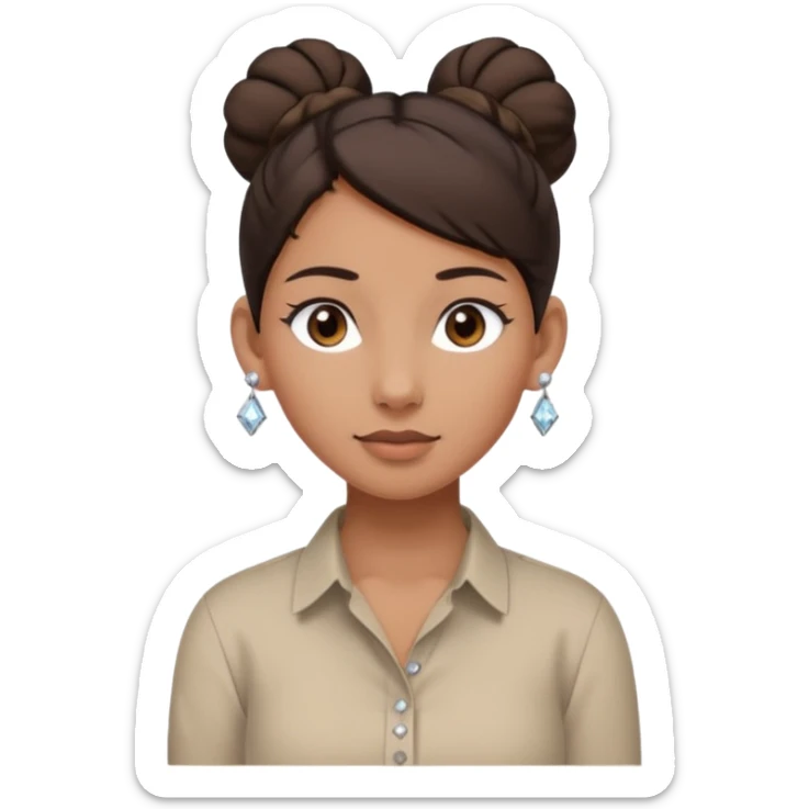 generate a pretty bratz girl with dark brown eyes. Dark brown hair tied in a single bun, tight beige button up shirt with top shirt open. diamond studs in ears. airpods in ear sticker