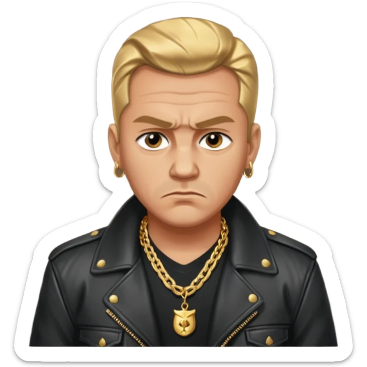 Russian 1990s gangster emoji, leather jacket, gold chain, serious face, cartoon style sticker