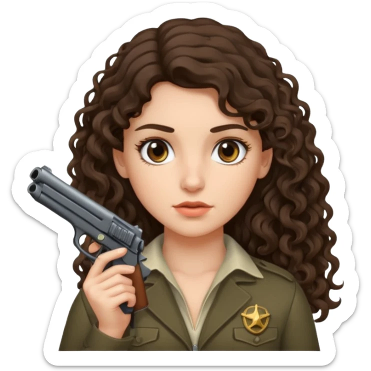 A brunette with long wavy, curly hair girl who is about to kill herself with a littlr gun pointed at her temple sticker
