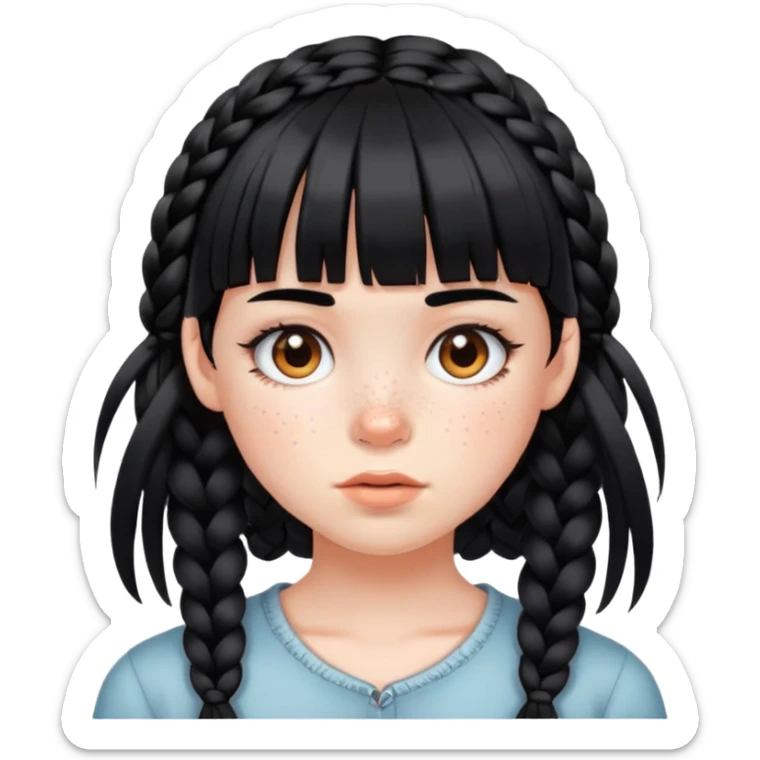 A girl with white skin and black hair and bangs with some braids face full of freckles sticker