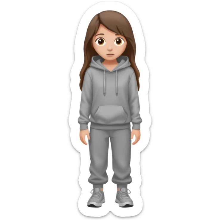 Chica grande  asustada de cuerpo completo mirado a la izquierda con pelo castaño largo  pantalones baggy  grises y hoodie gris  sticker