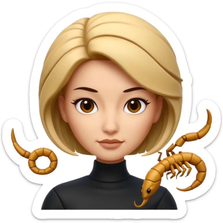 Scorpio zodiac signA 3D cartoon woman with a scorpion-shaped hairstyle, confident expression, smooth skin tone, Memoji-style. sticker
