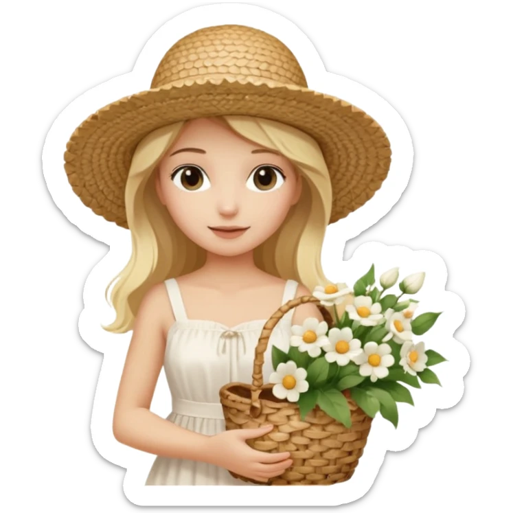 summer beautiful wicker hat, beach beige bag and bouquet of white flowers and blonde girl in Italy white dress sticker