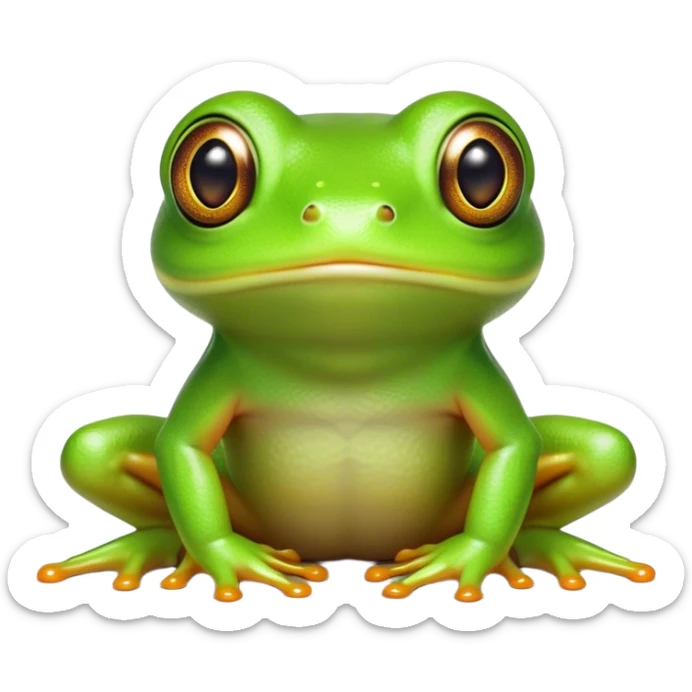 Cinematic Cute Green Tree Frog Portrait Emoji, Head tilted playfully and inquisitively, featuring a charmingly compact form with vivid green, slightly textured skin, prominent sticky toe pads, and round, sparkling eyes full of playful wonder, Simplified yet irresistibly adorable features, highly detailed, glowing with a warm, inviting jungle glow, high shine, affectionate and lively, stylized with a touch of tropical whimsy, soft glowing outline, capturing the essence of a mischievous yet loving frog that seems as if it could hop out of the screen into your arms! sticker