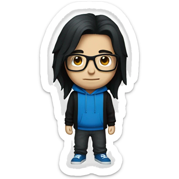 Guy with long black hair and square blue glasses and black hoodie, white skin sticker
