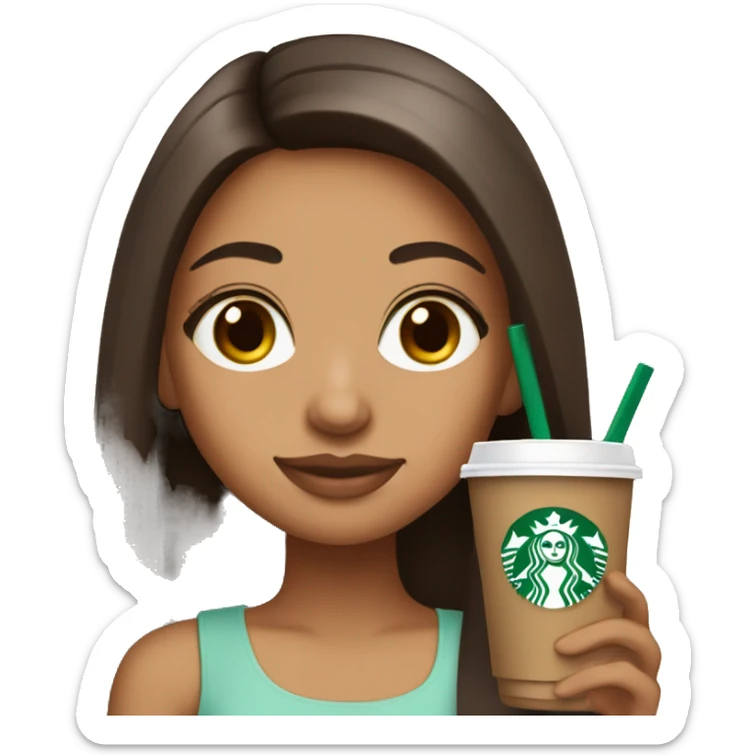 Latina cute girl with long straight brown and long eyelashes hair holding starbucks drink sticker