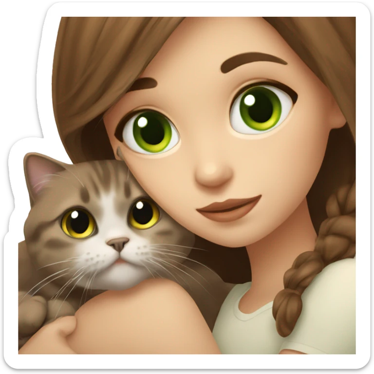 Beautiful girl with brown hair and brown eyes hug Scottish fold cat with green eyes  sticker