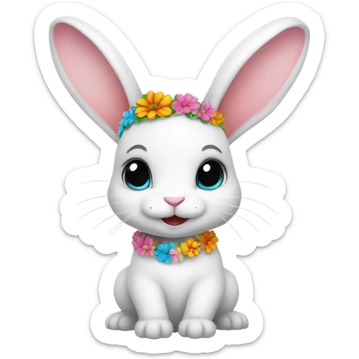 White bunny with short ears wearing a flower headband, flower necklace, and a flower bracelet  sticker