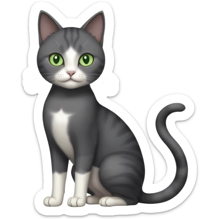 full body view of beautiful female dark grey cat with green eyes, white toes and white patch on chest sticker