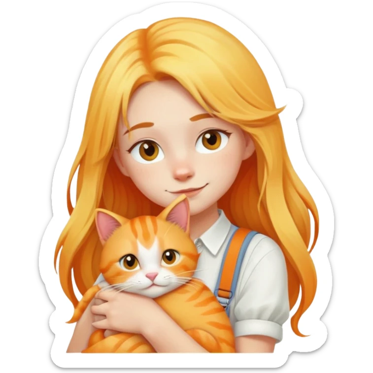 Caucasian girl - long yellow hair - white suspenders - hugging - a orange cat sticker