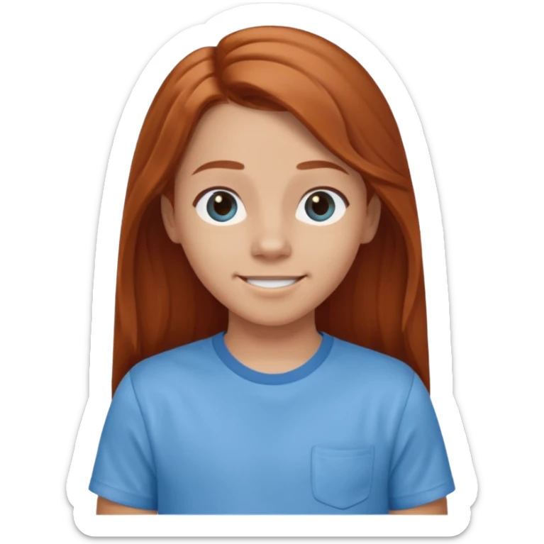 smiling shrugging emoji tween long auburn hair light blue shirt with a darker blue L sticker
