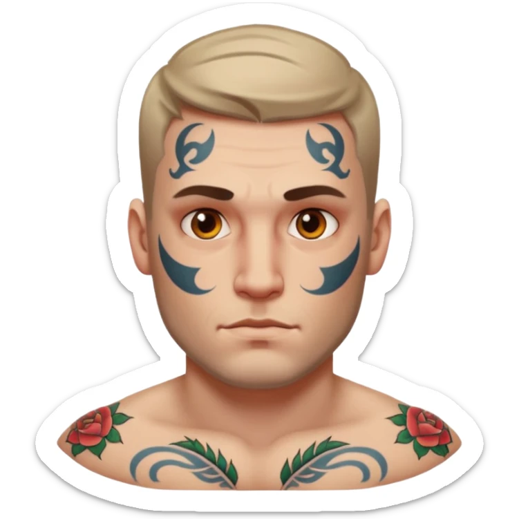 tattoo man, white skintone,tattoos on face, more visible, bulky man with tattos on his chest. sticker