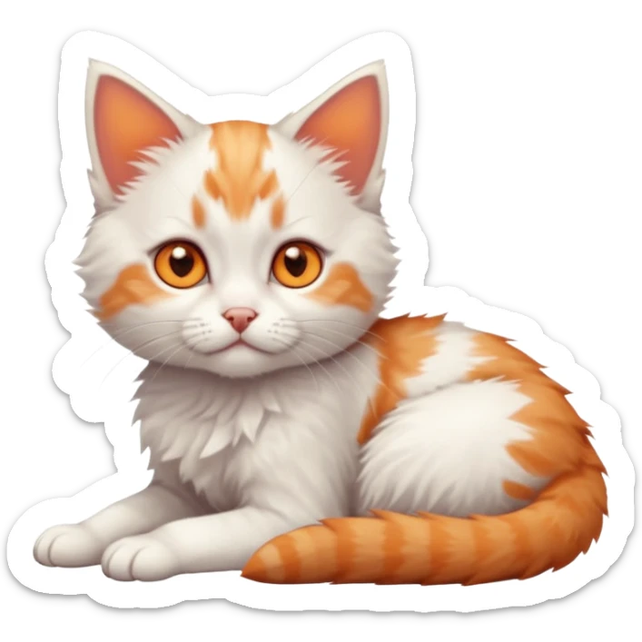 full body of very small + skinny ginger and white kitten with deep orange eyes and triangular shaped face lying down sticker