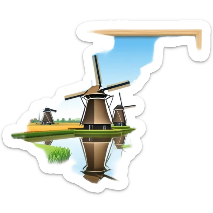 Cinematic Realistic Kinderdijk Windmills Landmark Emoji, showcasing traditional Dutch windmills aligned along a tranquil canal, with lush green fields, soft ripples in the water. sticker
