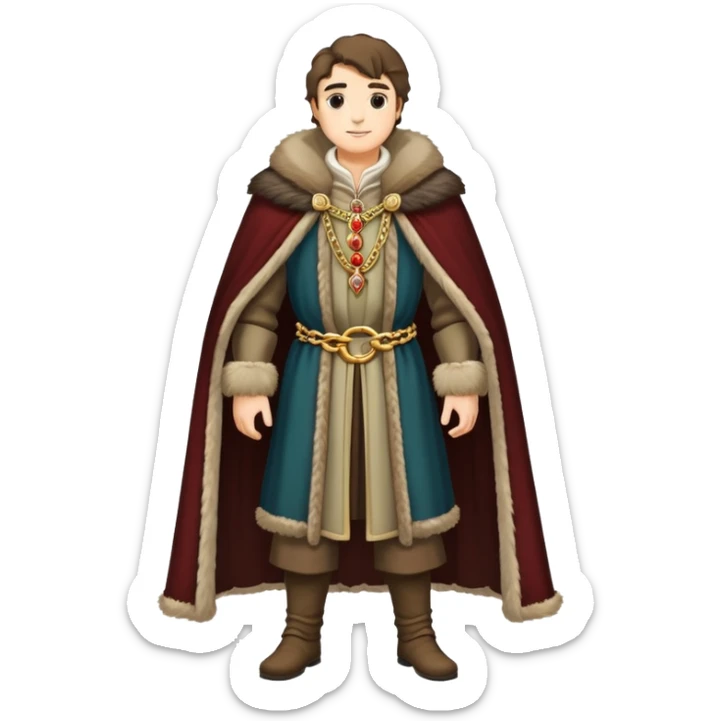 Full body of wealthy medieval merchant in fine clothes, fur-trimmed cloak, and gold chain sticker