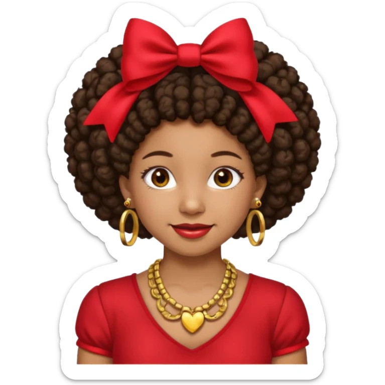 Brownskin girl dark brown hair afro pigtails with red bows brown eyes smiling closed mouth red shirt gold esrrings gold necklace sticker