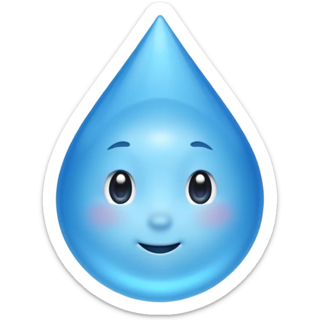 A single water droplet emoji, glossy and smooth, cartoonish, vibrant blue color, high detail, simple and cute design, without facial features, isolated on white background, centered compositio

 sticker