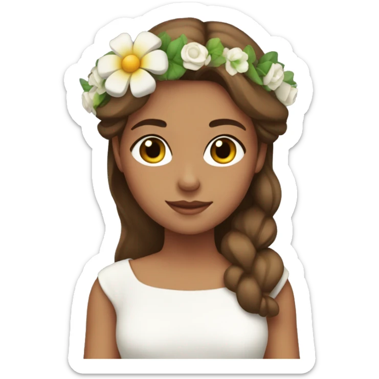 A girl with brown hair and taned skin wearing a white dress with flowers crown  sticker