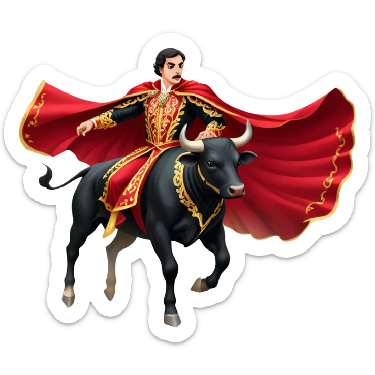 ​Cinematic Realistic Spanish Matador in Action, depicted in an ornate traje de luces with a flowing red cape, captured in the dramatic moment of confronting a charging bull in a traditional bullring, rendered with dynamic motion and dramatic lighting that encapsulates the intensity and artistry of the spectacle, sticker
