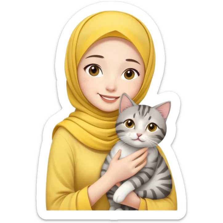 Asian White girl wearing yellow hijab and white dress holding a black grey tabby cat while smiling.  sticker