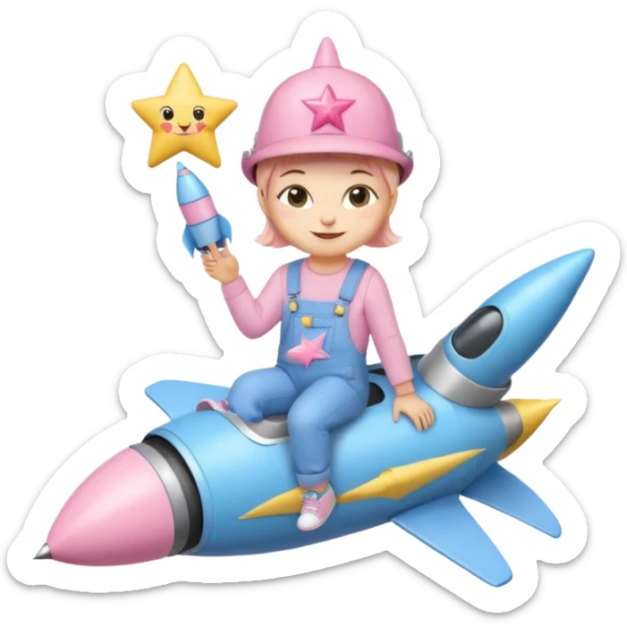 sweet kitten with pastel blue overalls, pastel blue sneakers, pastel pink star hat, sitting on a rocket, smiling, emoji style sticker