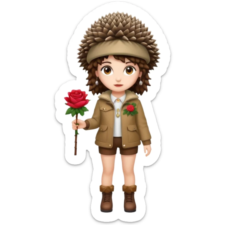 full body woman short curly brown mullet hair brown eyes white skin wearing hedgehog hat and thorny rose jacket sticker