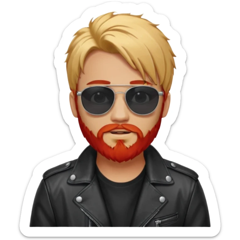 generate an ios genmoji of a 20 year old tan boy with black sunglasse Wearing a leather jacket. Has a dyed blonde beard and veryyyyy long red hair sticker