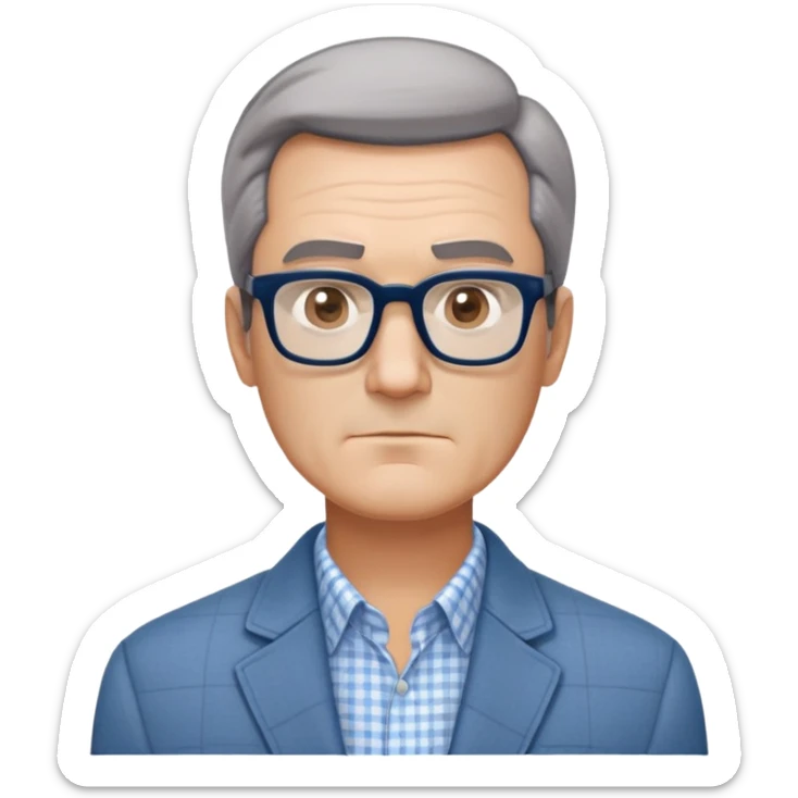 50-year-old man with square face, large dark square glasses, short straight hair combed to the side with some gray. Serious-relaxed expression with subtle age lines. Light gray jacket, white shirt with blue checkered pattern. sticker