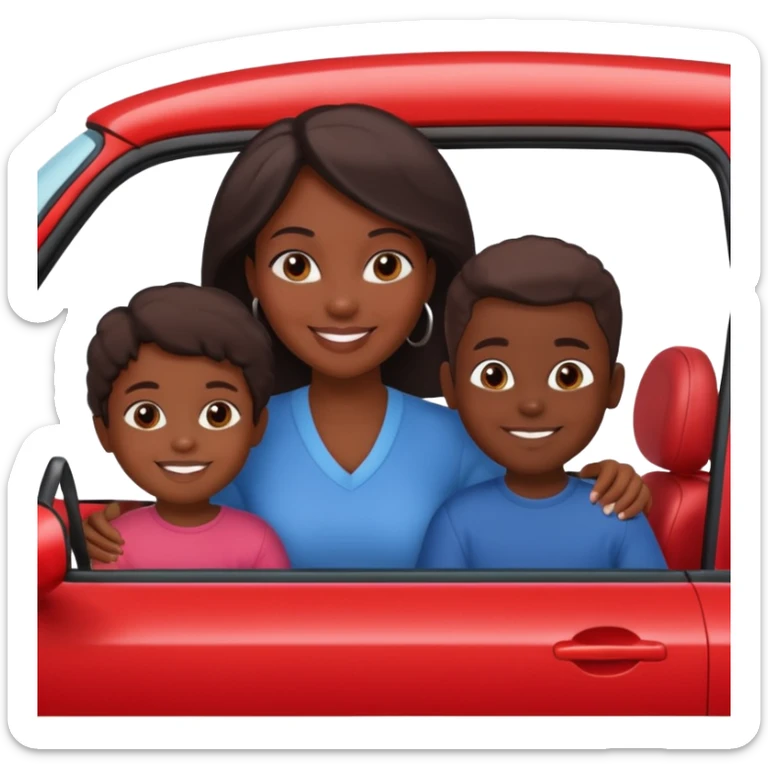 a single Dark Skin mom with two children, one young boy and a baby girl in a car red sticker