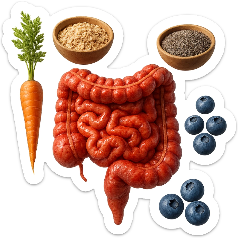 intestino umano anatomico infiammato al centro con carota, bowl di avena, mirtilli, bowl di semi di chia che gli fluttuano intorno , iperrealistico 4k sticker