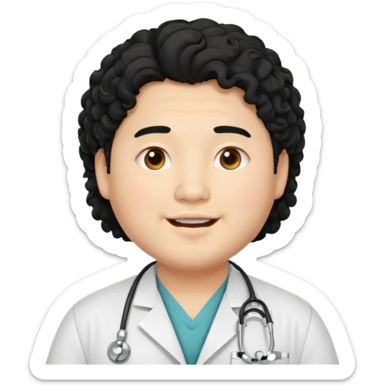 a young asian chubby male doctor with black long curly hair and cheerful face without gpasses sticker