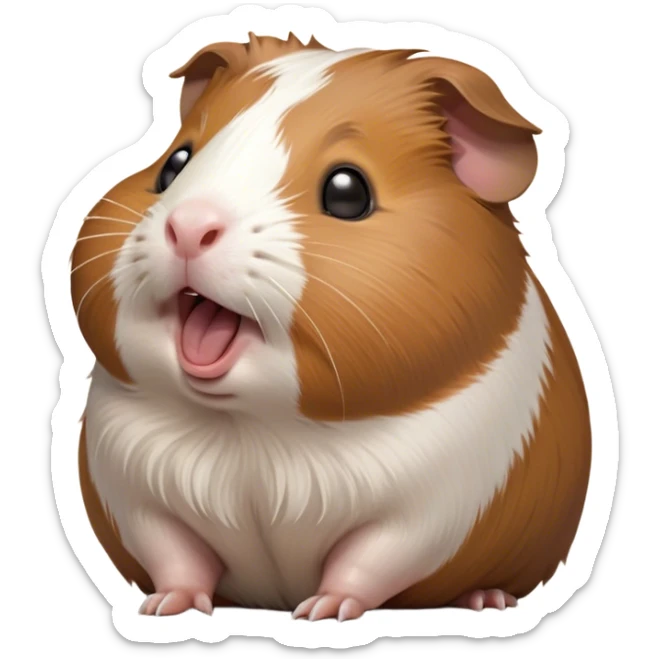 Cinematic Cute Yawning Brown and White Banded Guinea Pig Portrait Emoji, Head tilted slightly with a dramatic, wide-open yawn, revealing a soft, banded fur of brown and white with tiny, droopy ears, round dark eyes barely open in drowsy contentment, Simplified yet irresistibly adorable features, highly detailed, glowing with a soft, cozy glow, high shine, relaxed yet expressive, stylized with a touch of whimsy, bright and endearing, soft glowing outline, capturing the essence of a sleepy yet affectionate guinea pig, so drowsy it feels like it could stretch out of the screen and curl up for a nap! sticker
