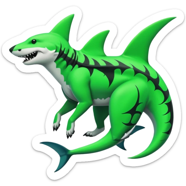 Edgy cool badass Neon-green landhai-sergal-dingo, with a shark tail, with black and dark-green swirly patterns markings sticker