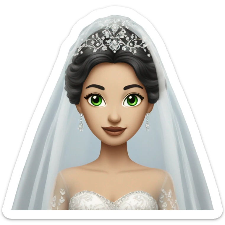Hyper Realistic ornate ballgown long sleeve Wedding dress with diamanté on Russian bride with green eyes and long black hair with veil hyper realistic  sticker