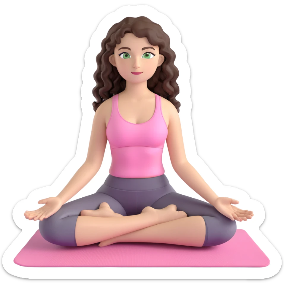 beautiful girl with long curly dark brown hair, green eyes, in light pink yoga outfit, sitting on a yoga mat, emoji style sticker