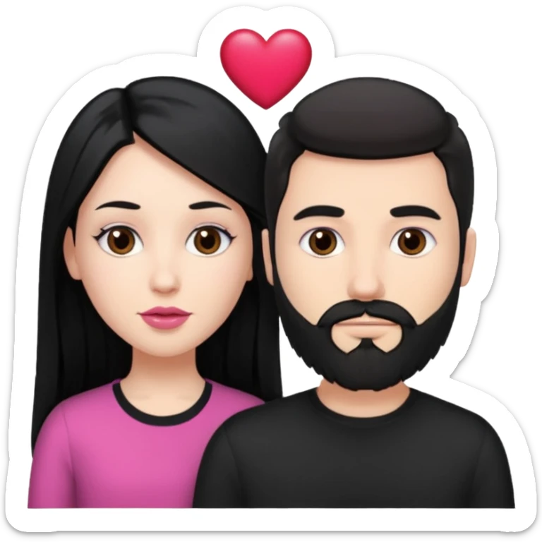 👩🏻‍❤️‍💋‍👨🏻 this one but the man should be bald. white woman with long black hair and white bald young man whoitiut hair and a heart between their heads. she has pink lips and both have brown eyes. he has e full beard but short. both wear black  sticker