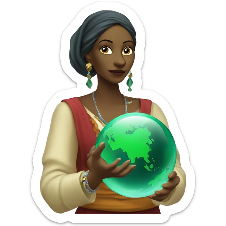 Female gypsy Fortune teller holding a crystal ball with a smaller green earth inside it sticker