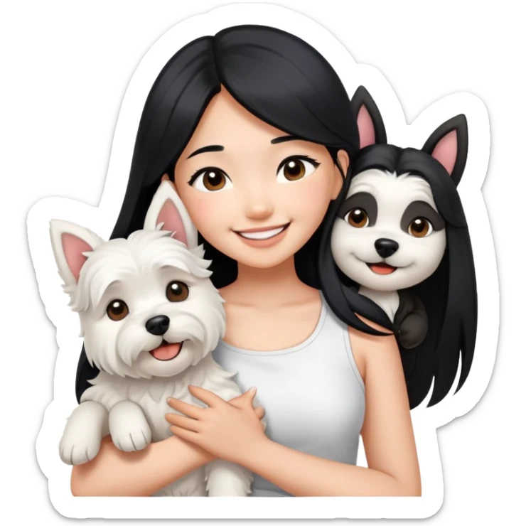 A asain girl with long black hair. She is wearing a white crop top. she is smiling and hugging a west highland terrier with big ears  sticker