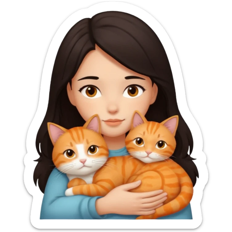 dark-black-brown-hair-to-shoulder girl with brown eyes snuggled with orange tabby cat sticker