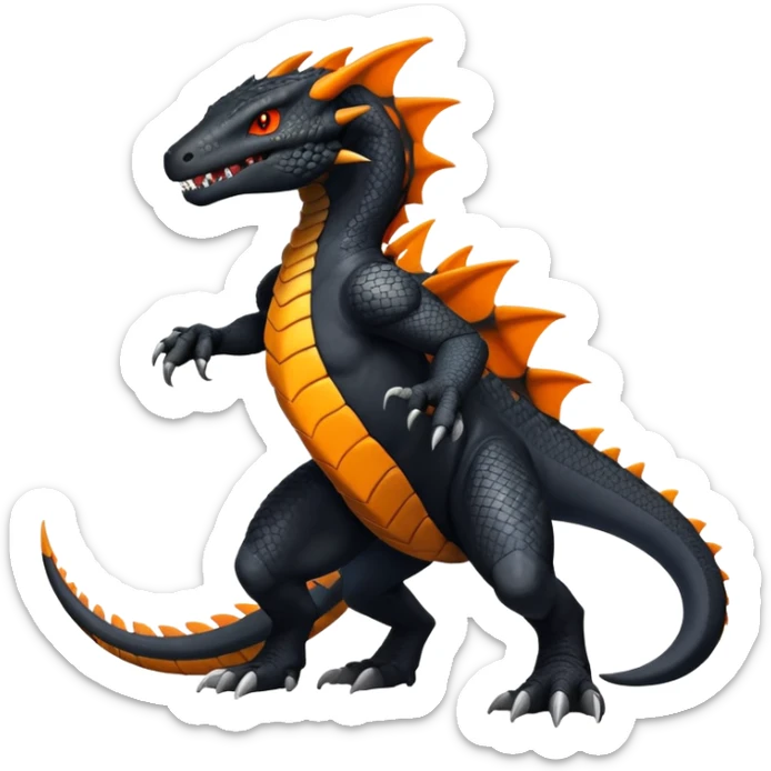 Black Salandit-Tyrunt-Greymon-Fakémon-creature-hybrid with orange belly (full body) sticker