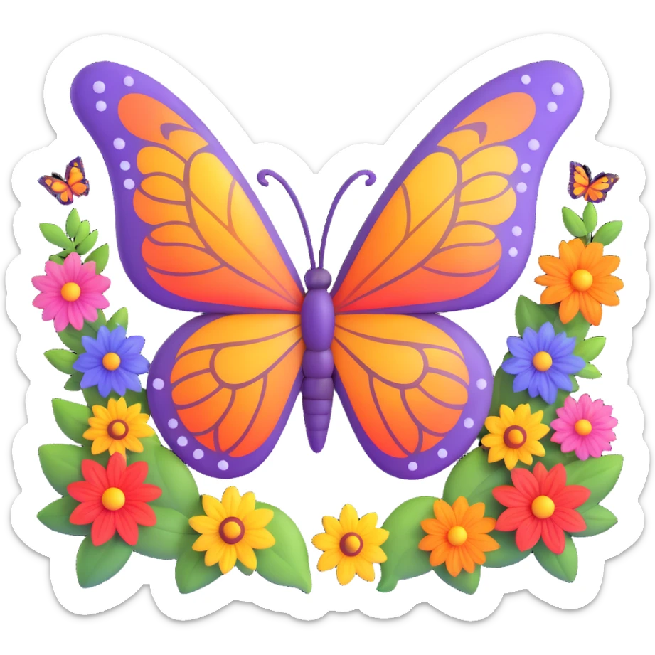 Add various colorful flowers and decorative nature motifs around the butterfly, maintaining the magical, 3D cartoon, digital fantasy art style with transparent background and all existing effects (glowing outline, sparkling accents, magical particles, elegant wings). sticker