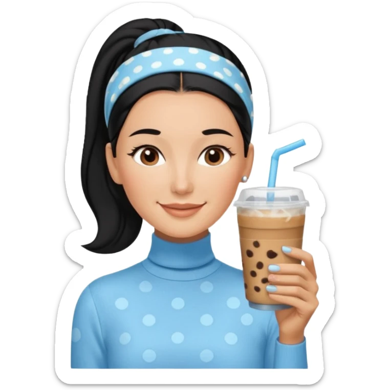  tan skin woman with long face, and very short black hair slicked back ponytail with forehead showing, with black polka dot headband, wearing solid light blue turtleneck shirt, drinking iced coffee, smiling with middle parted hair sticker