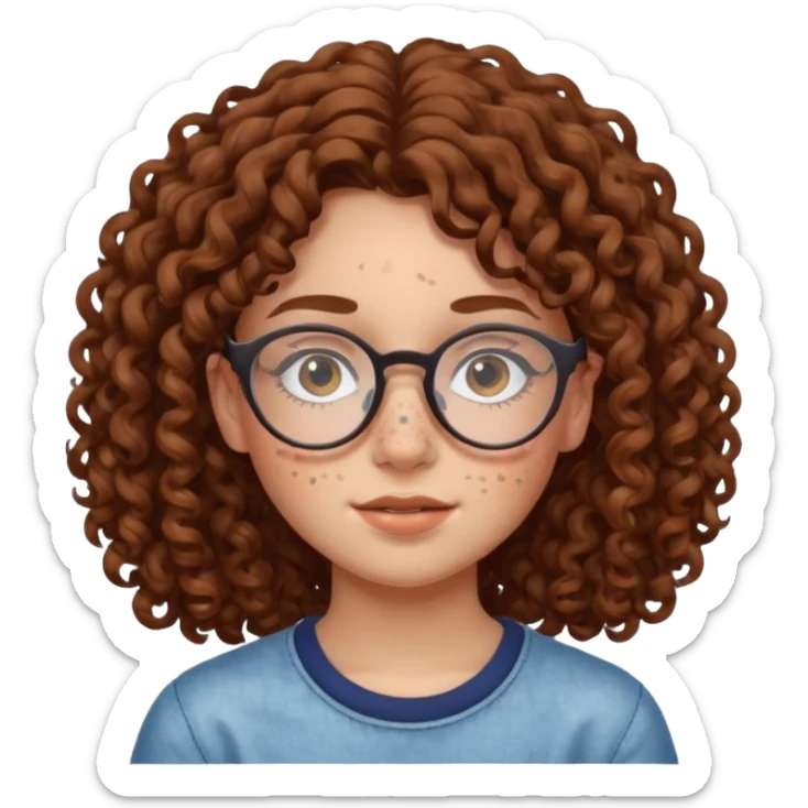 make a really curly hair, teen girl with glasses and late acne that looks like freckles sticker