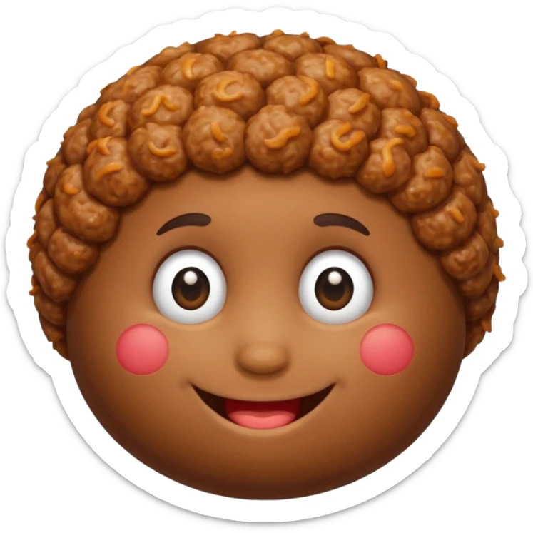 Una polpetta di carne macinata con i capelli ricci scuri e una faccia sorridente  sticker